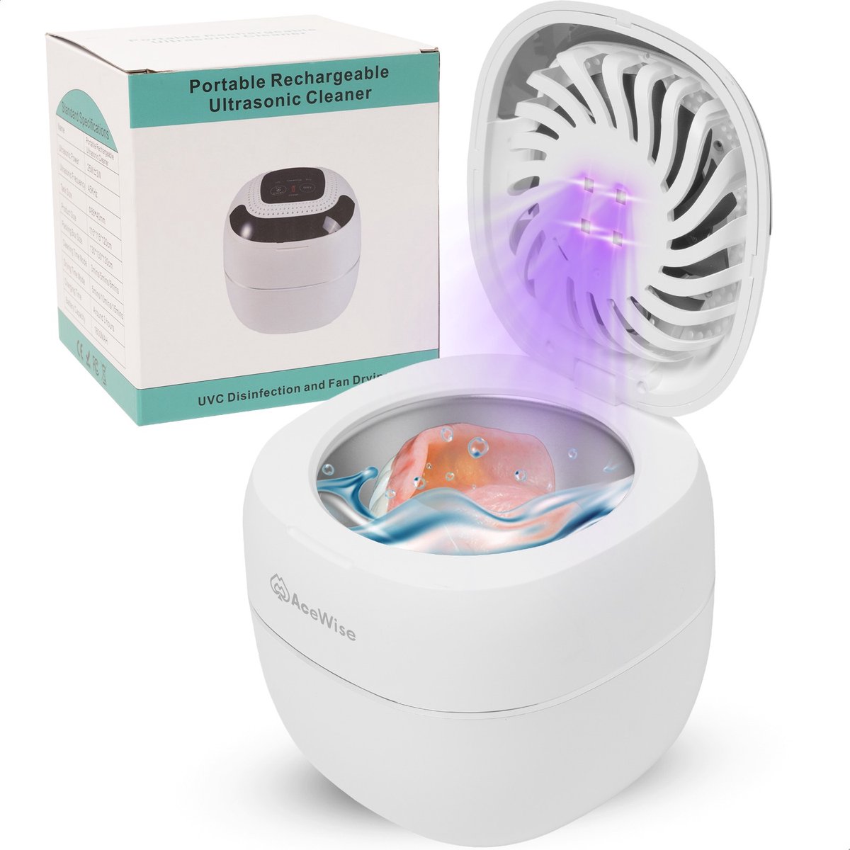 AceWise Ultrasone Reiniger - Kunstgebit Reiniger - Mondbeugel Reiniger - ultrasoon reiniger gebitsprothese - Ultrasonic Cleaner - Wit -