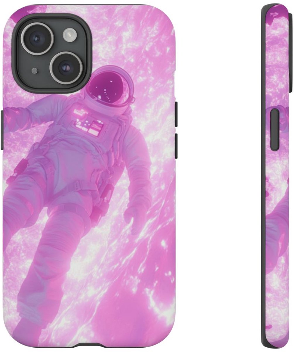 Astronaut Zwevend bij Roze Plasmastroom – Telefoonhoesje Geschikt voor iPhone 15