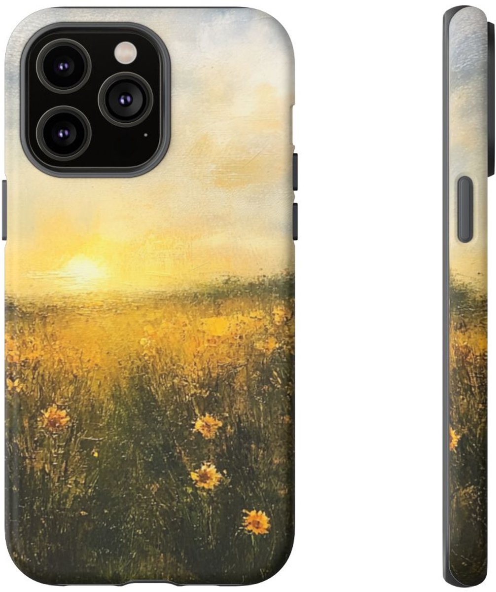 Zonnig Bloemenveld Schildering – Telefoonhoesje Geschikt voor iPhone 14 Pro Max