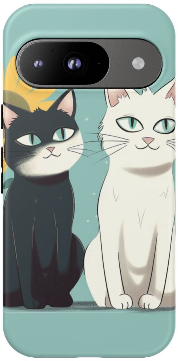Twee Cartoonkatten met Zonnebloem – Telefoonhoesje Geschikt voor Google Pixel 9