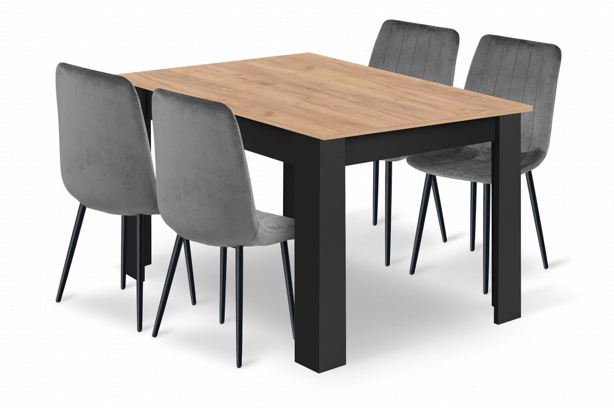 Eethoek - Eettafelset - NP 120x80 Craft met Zwarte Poten + 4 Stoelen LAVA Grijs met Zwarte Poten, Modern Design, Geschikt voor Keuken, Eetkamer en Woonkamer