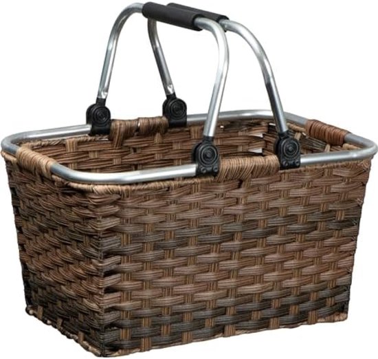 PolkaHome Rotan Boodschappenmand - Stijlvolle Shopper met Aluminium Handgrepen - Compacte Opbergruimte - Duurzaam en Milieuvriendelijk - Bruin - 41 x 30 x 25 cm