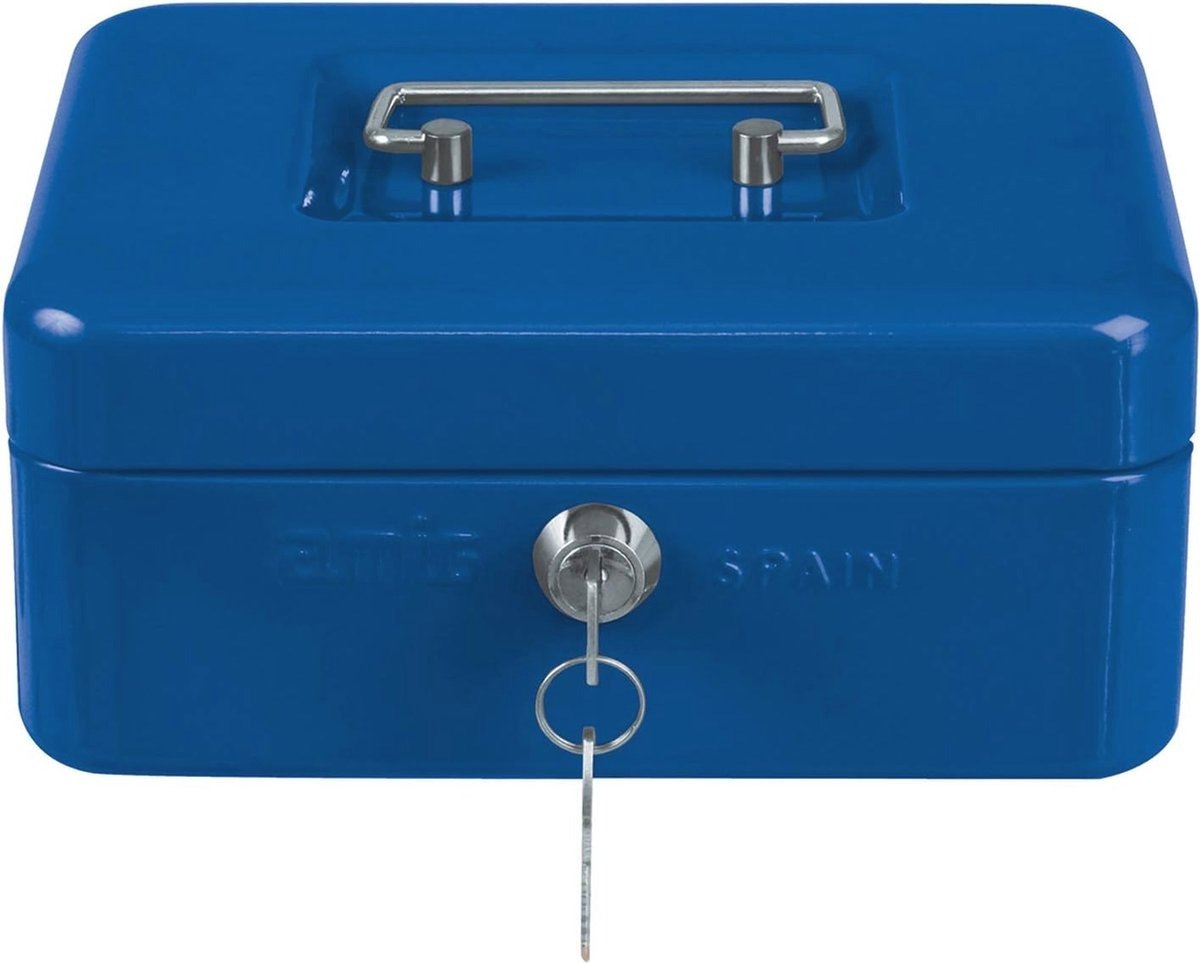 QPFO® Geldcassette met Muntenhouder – Stalen Geldkist met Sleutel – Compact & Veilig voor Contant Geld – Blauw