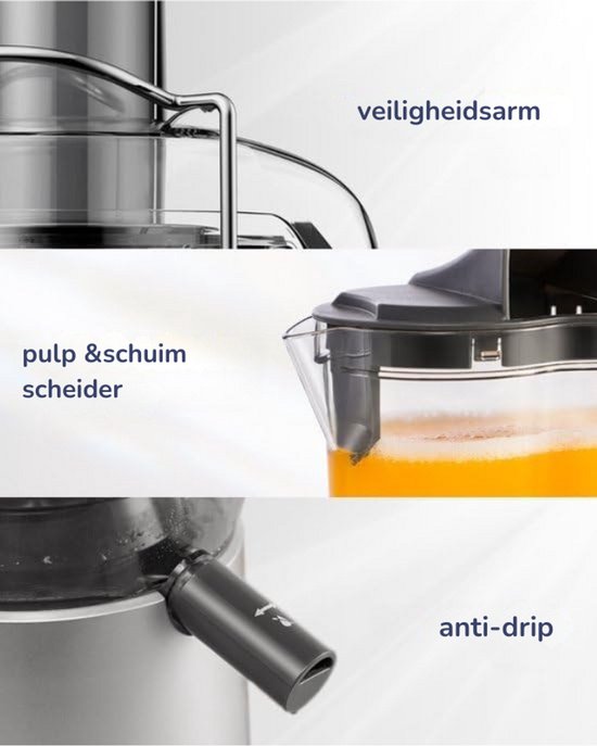 Kitchen Juicer - Slow Juicer - Extra Grote Vultrechter - Sapcentrifuge Voor Fruit En Groenten - BPA-Vrij - 3 Snelheden - 1200 Watt - Titanium Messen - Voor Gezonde En Verse Sappen - Zilver van BOG — afbeelding 3