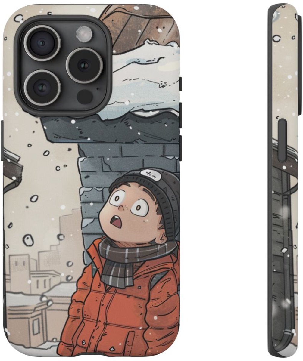 Chibi Wintertafereel met Besneeuwd Dak – Telefoonhoesje Geschikt voor iPhone 15 Pro