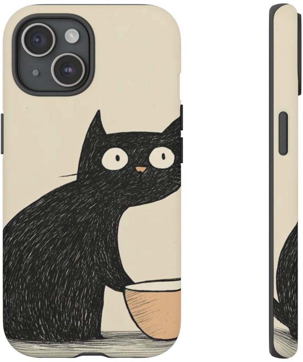 Zwarte Kat met Kom Illustratie – Telefoonhoesje Geschikt voor iPhone 15