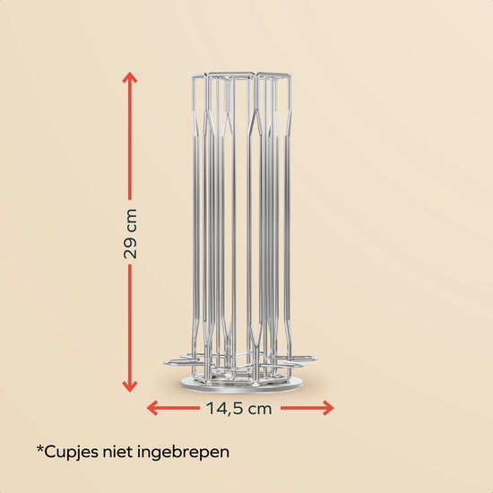 Zilverkleurige metalen capsulehouder, afmetingen 29 cm hoog en 14,5 cm breed.