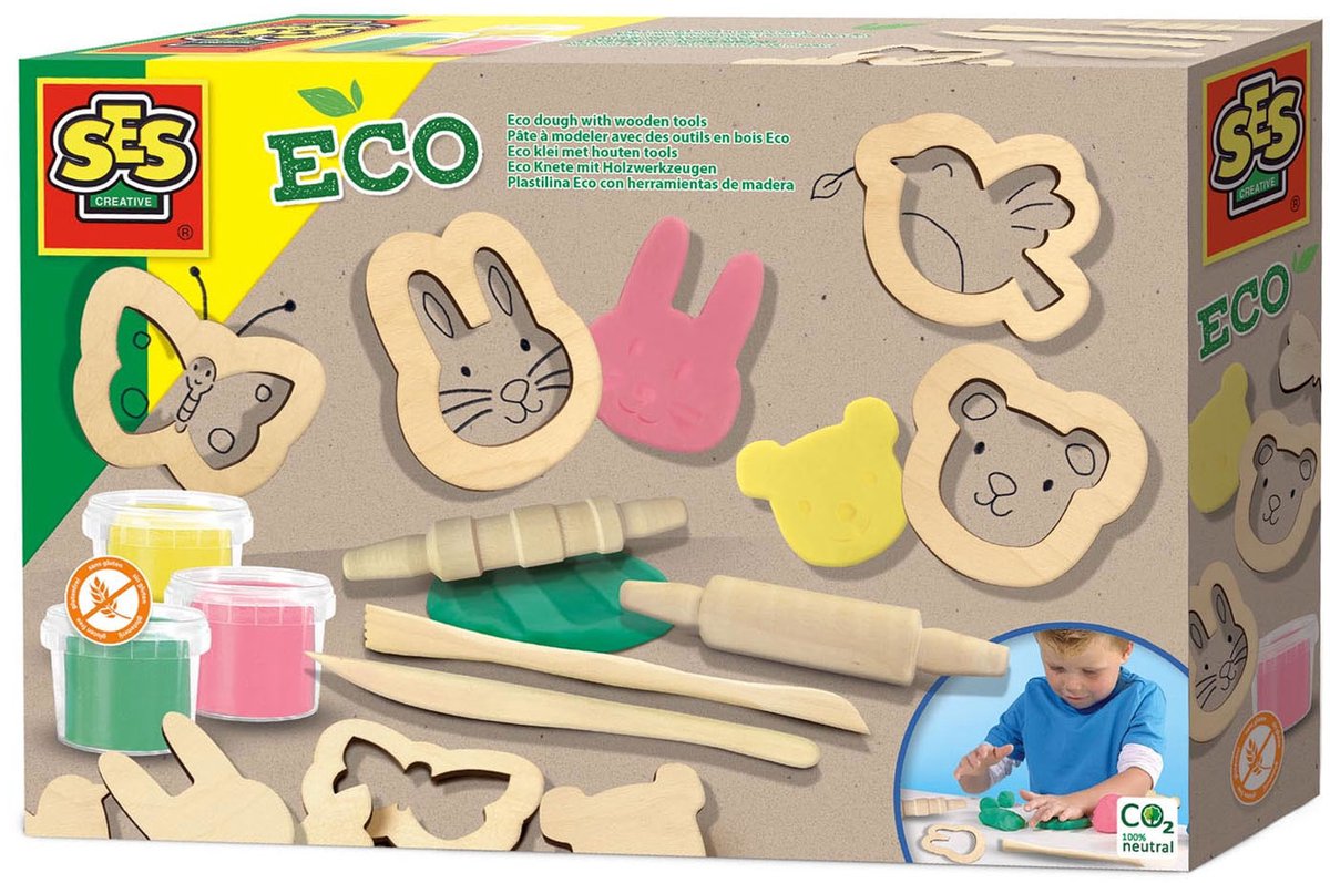 SES Creative - Eco Klei - Eco Set met Houten Tools (3x90g) - Vegan en Glutenvrij - Herbruikbaar - Uitwasbaar - Vanaf 3 jaar — afbeelding 3