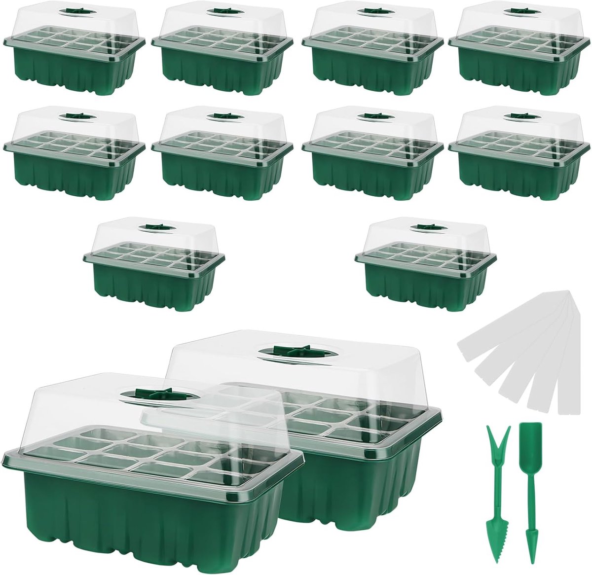 NAMYEUT 12 stuks 144 cellen zaad starterbakken kit met basis en doorzichtige deksels, 12-cel zaailing starter kweekbakken, 5,5 x 5,5 cm diepe plantenkiemkit voor groenten, kruiden en bloemen