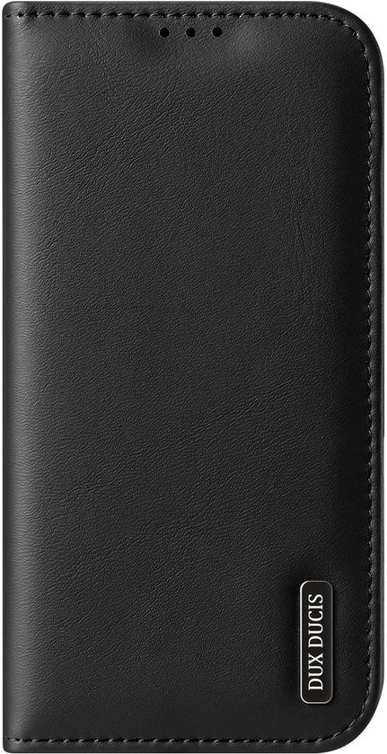 Gesloten zwart Dux Ducis boekhoesje voor iPhone 17 Pro Max met logo.