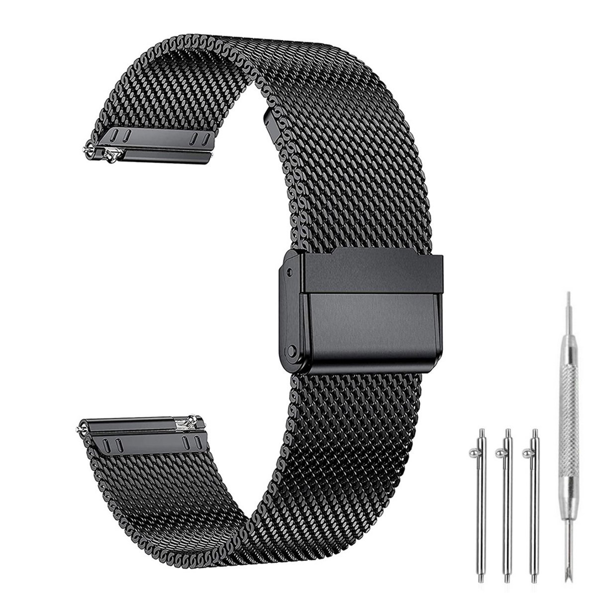 Premium Milanese Mesh Horlogeband - 22mm - Roestvrijstalen RVS Band Met Interlock Veiligheidssluiting - Universeel Verstelbaar Polsbandje (167-252mm) - Geschikt Voor Smartwatch Traditioneel Horloge - Zwart - Incl. Snelsluiting En Gereedschap