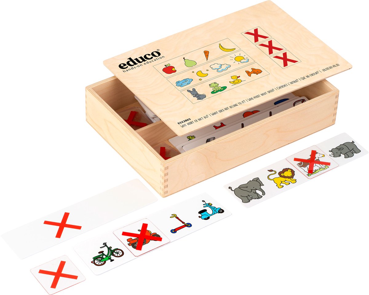 Wat hoort er niet bij? - educatief spel - in houten kist - 34x20x6cm - Educo