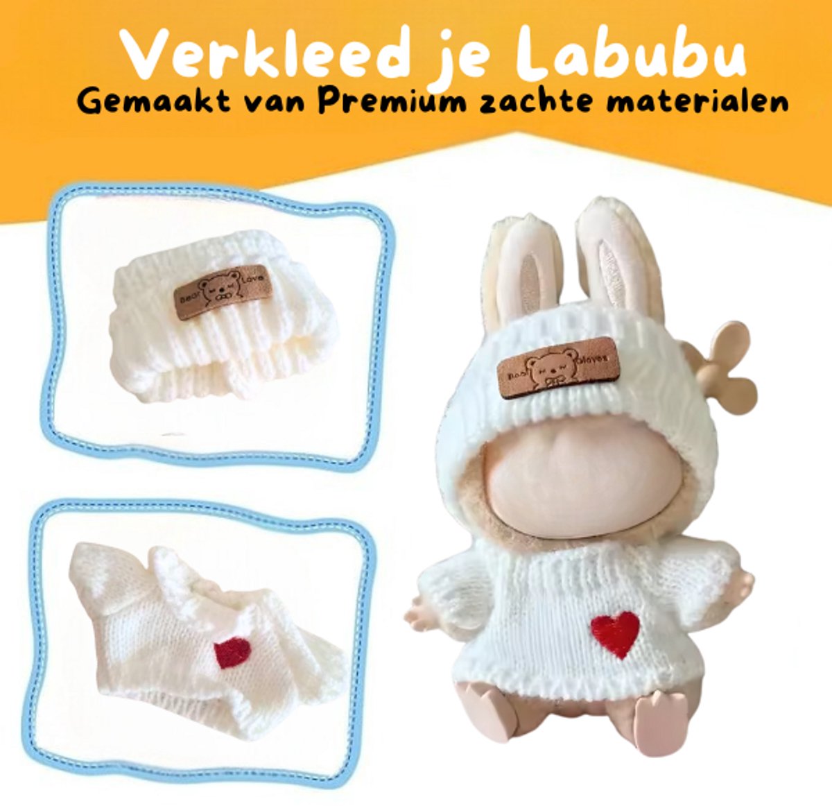 Witte Zachte Muts en Sweater Kleding – Met Hartje op Trui en Borduursel op Muts – Cozy Cute Outfit Accessoire Geschikt voor Labubu (Pop Niet Inbegrepen)