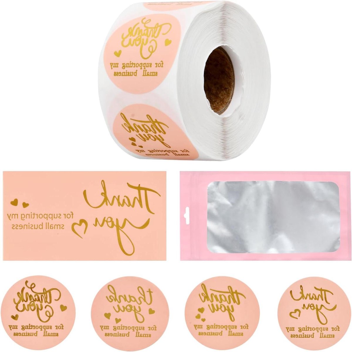 ByShane - Bedankkaarten Set 620 stuks Roze | Multipack Metaan Bedankkaarten | Dankjewel Kaarten voor Klein Bedrijf | Inclusief Hersluitbare Zakken