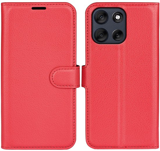 Rood kunstleren wallet telefoonhoesje met drukknoopsluiting en camerarail. De voorkant is gesloten, de achterkant toont de camera-uitsparing.