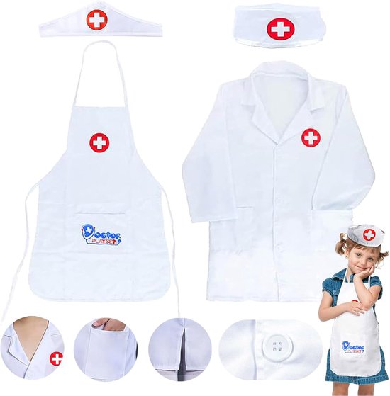 4pcs Girl Nurse Costume - Kinderen Halloween Kostuum - Kind Dokter Kostuum - Nurse Schort + Hoed - Dokter Accessoires Meisjes - Speelgoed Cadeaus