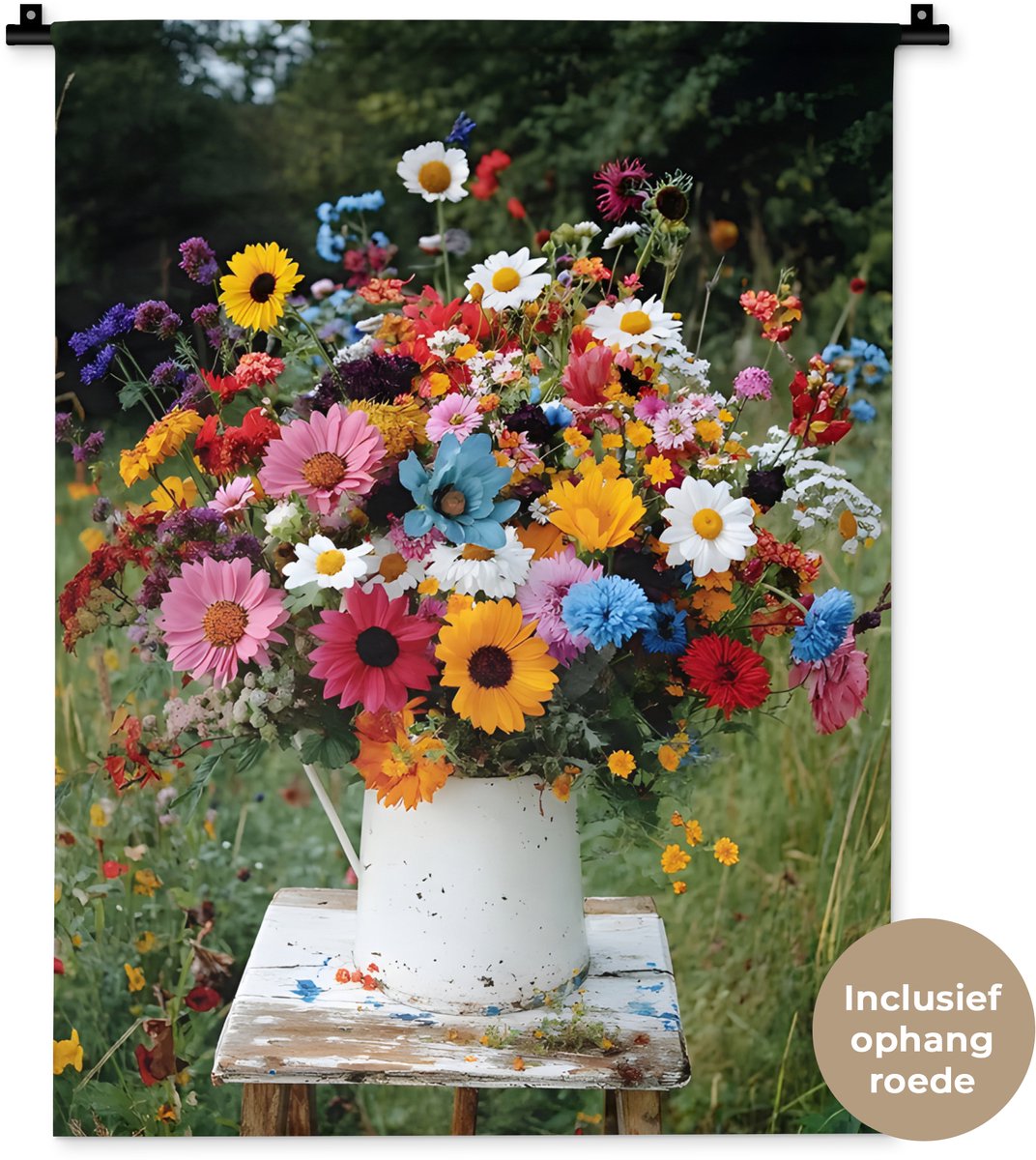 Wandkleed 60x80 cm - Wanddoek Bloemen - Krukje - Gieter - Veld - Wandtapijt - Wandkleden
