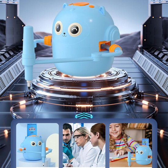 Blauwe robot met oranje accenten op een futuristisch podium. Hieronder foto's van de robot in gebruik door kinderen.
