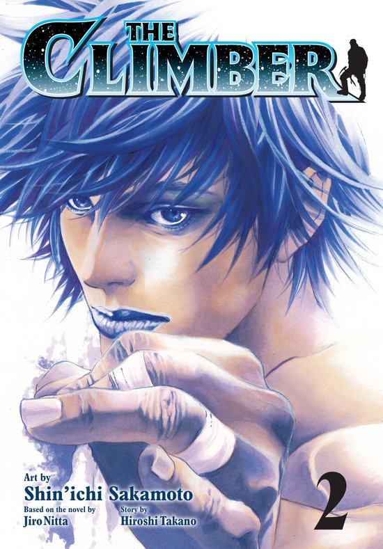 De cover van The Climber, Vol. 2, toont een anime-stijl portret van een jonge man met blauw haar, met zijn vuist gebald. Tekst: "CLIMBERS", "Art by Shin'ichi Sakamoto", "Story by Hiroshi Takano", "2".