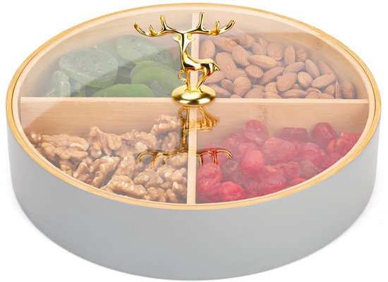 TRANKIELO® - Boîte de rangement ronde en bois gris – 25 cm – avec 4 compartiments et couvercle en Acryl – Organiseur décoratif multifonctionnel pour sachets de thé, Bijoux, fournitures d'artisanat et plus encore