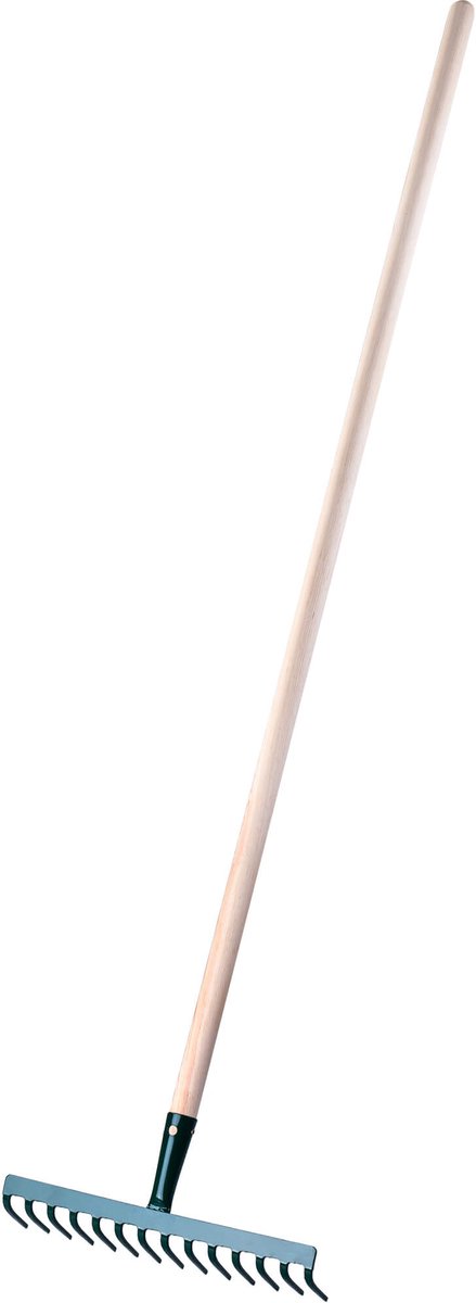 KADAX Hark van metaal, platte hark met steel van hout, bladbezem voor tuin, bloembed, bladbreken, gazonhark, groen, tuingereedschap, hooikoork, tuingereedschap, hark (14 tanden)