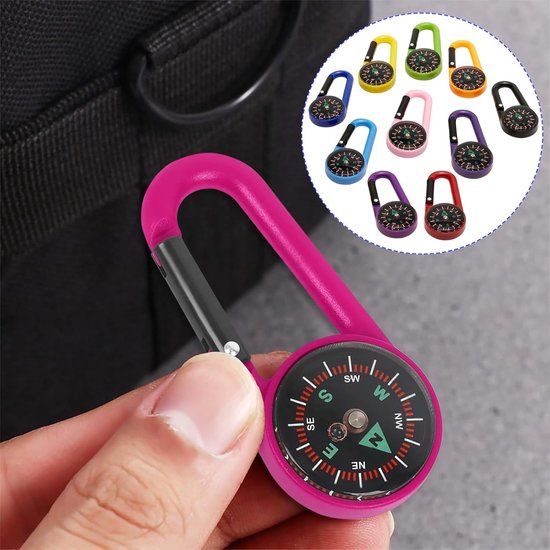 Karabijnhaak met Kompas - Sleutelhanger Mini-Navigatie voor Kamperen, Wandelen - Zakkompas voor Kinderen, Professioneel - 8 Stuks