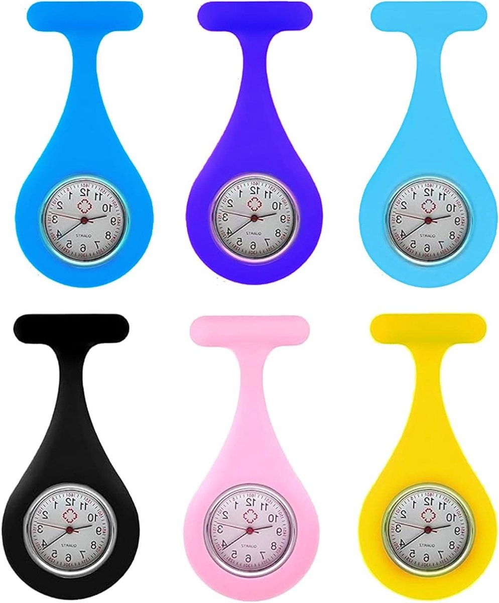 Trankielo - Verpleegsterhorloges 6 stuks met clip - Fob horloge met hartslagsysteem - Voor artsen en verpleegsters - Set van roze, paars, zwart, geel, lichtblauw en donkerblauw items.
