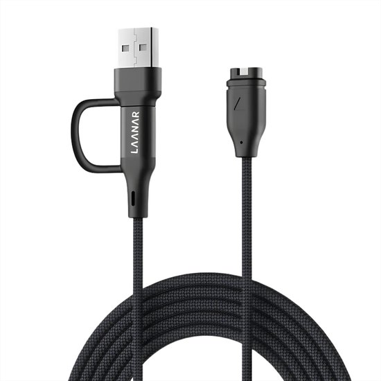 Zwarte gevlochten nylon kabel met USB-A en Garmin connector, opgerold.