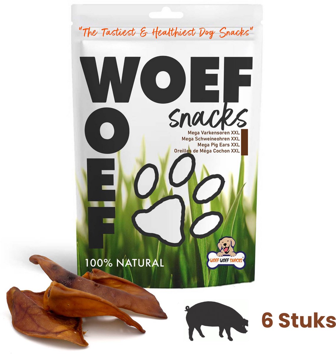 Woef Woef Snacks Hondensnacks Varkensoren XXL 6 stuks - Kauwsnacks Gedroogd vlees Varken Alle honden vanaf 10kg Geen toevoegingen