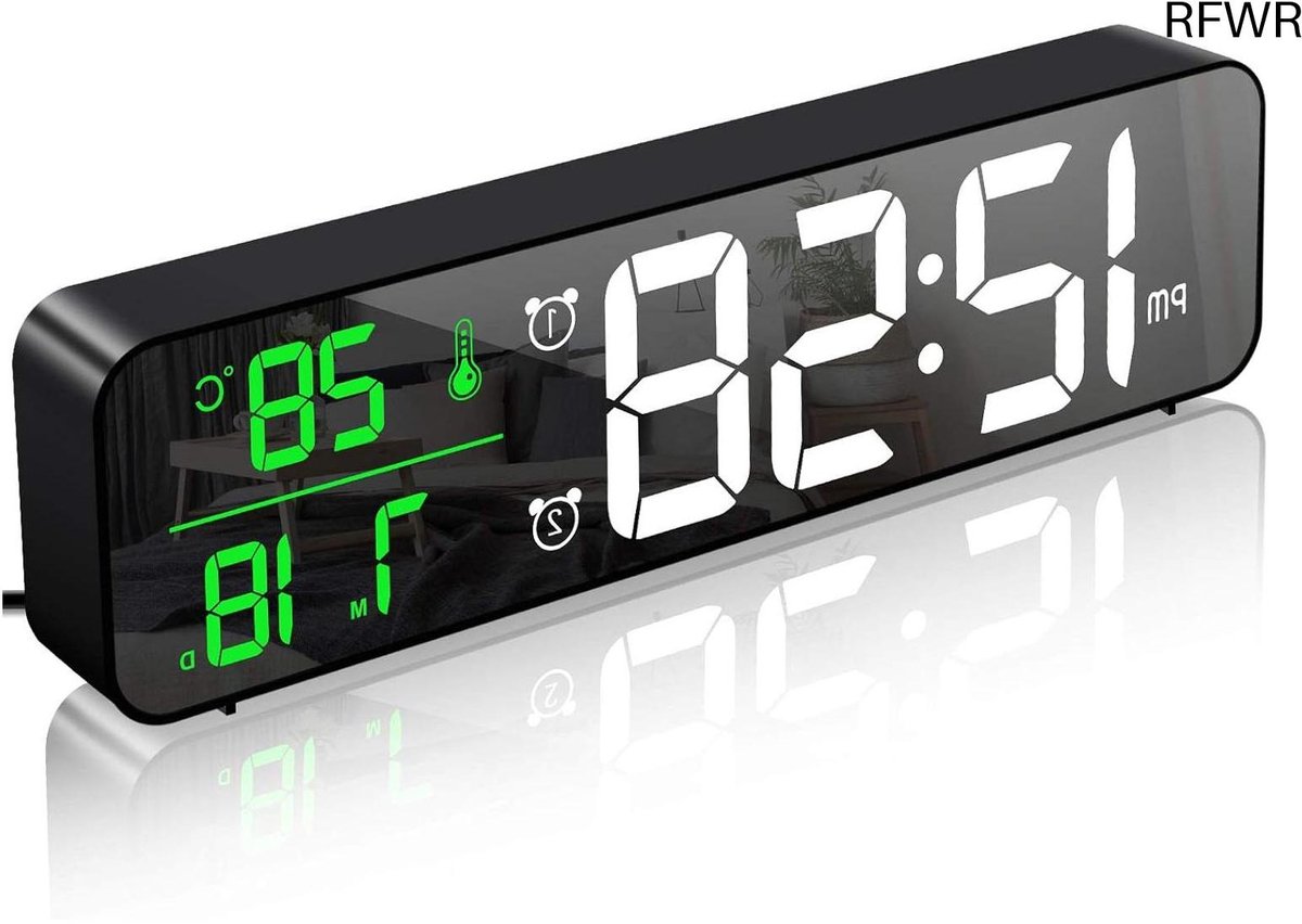 RFWR® Digitale wekker met groot LED-display, temperatuur, datumkalender en 40 muziekjes