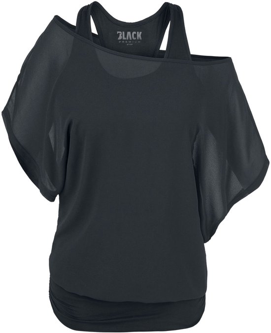 T-shirt noir à épaules dénudées, manches chauve-souris transparentes et dos nageur.