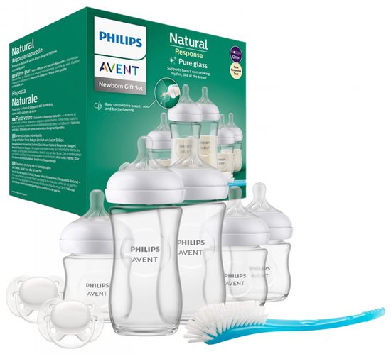 Philips Avent Natural Response Newborn Cadeauset met glazen babyflessen, fopspenen, flessenborstel en verpakking.