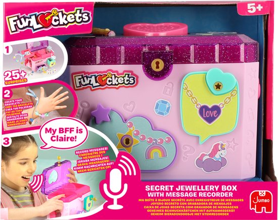 Roze glitter geheime sieradendoos met hartvormig slot, regenboog en eenhoorn versieringen. "Secret Jewellery Box with Message Recorder" staat erop.
