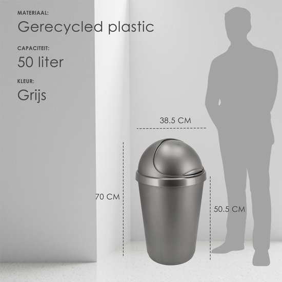 MONZANA® Vuilnisbak Keuken 50l Rond 70x40cm Schuifdeksel 100% Gerecyclede Kunststof Afvalbak Prullenbak Grijs/Zilver