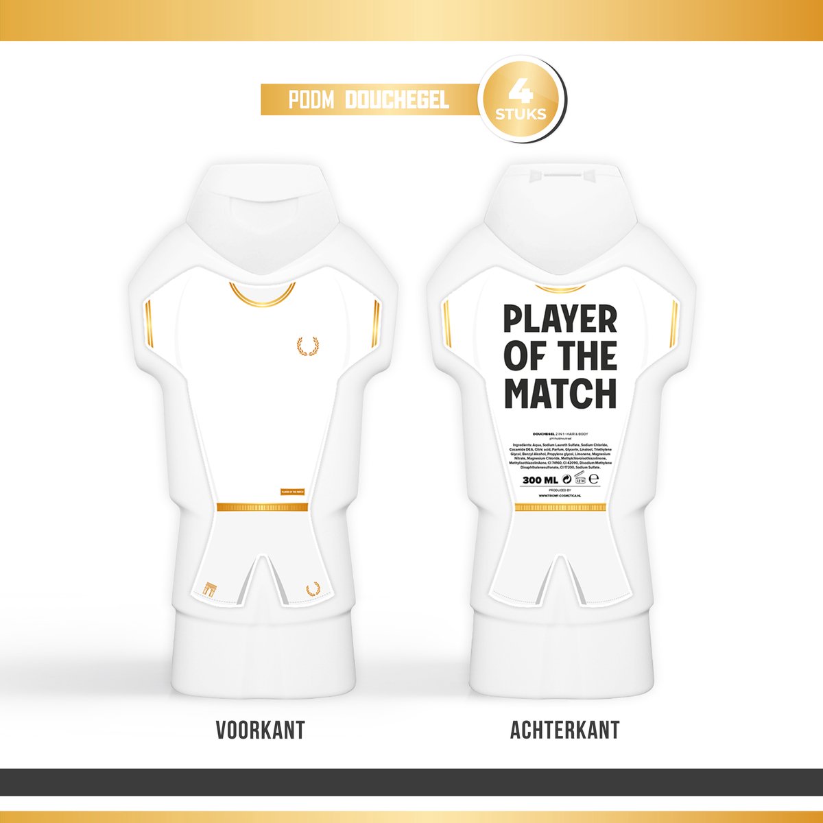 Douchegel "Player of the match" - 4 stuks - Cadeau | Showergel - Shower gel - Prijzen - Goud - Wit