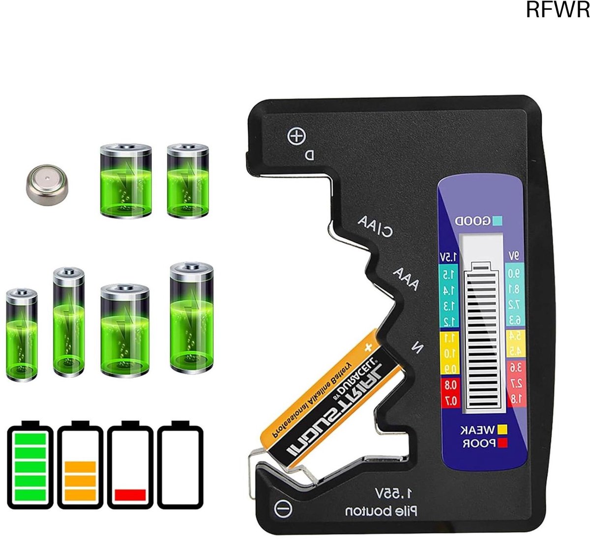 RFWR® Universele Digitale Batterijtester voor AAA/AA/C/D 1,5 V-9 V