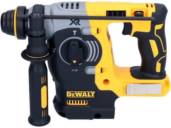 Gele en zwarte DeWalt accuhamer met XR-aanduiding, van voren gezien.