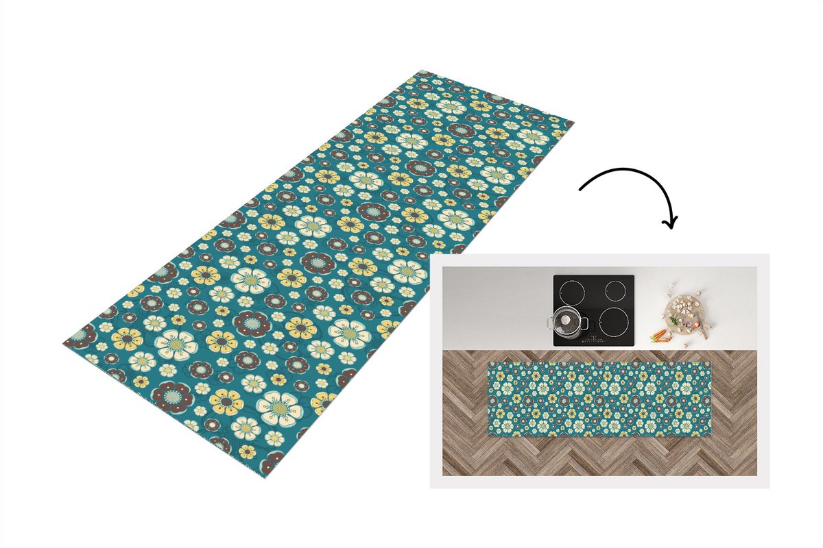 KitchenYeah Keukenloper 180x60 cm - Keukenmat vinyl Retro - Bloemen - Patronen - Blauw - Keukenmatten loper - Keuken vloerkleed tapijt