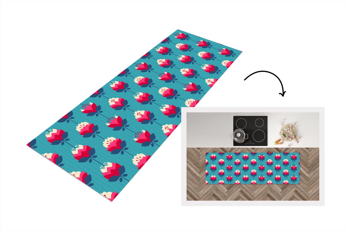 KitchenYeah Keukenloper 180x60 cm - Keukenmat vinyl Patronen - Retro - Bloemen - Lelie - Keukenmatten loper - Keuken vloerkleed tapijt