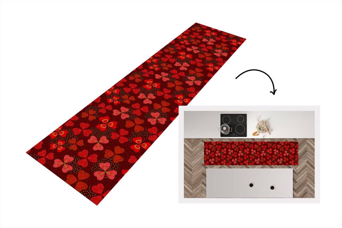 Keukenloper 200x50 cm - Keukenmat vinyl Patroon - Klaver - Rood - Keukenmatten loper - Keu