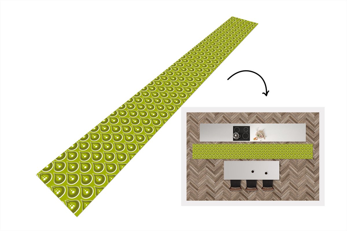 KitchenYeah Keukenloper 400x50 cm - Keukenmat vinyl Patronen - Retro - Regen - Druppel - Groen - Keukenmatten loper - Keuken vloerkleed tapijt