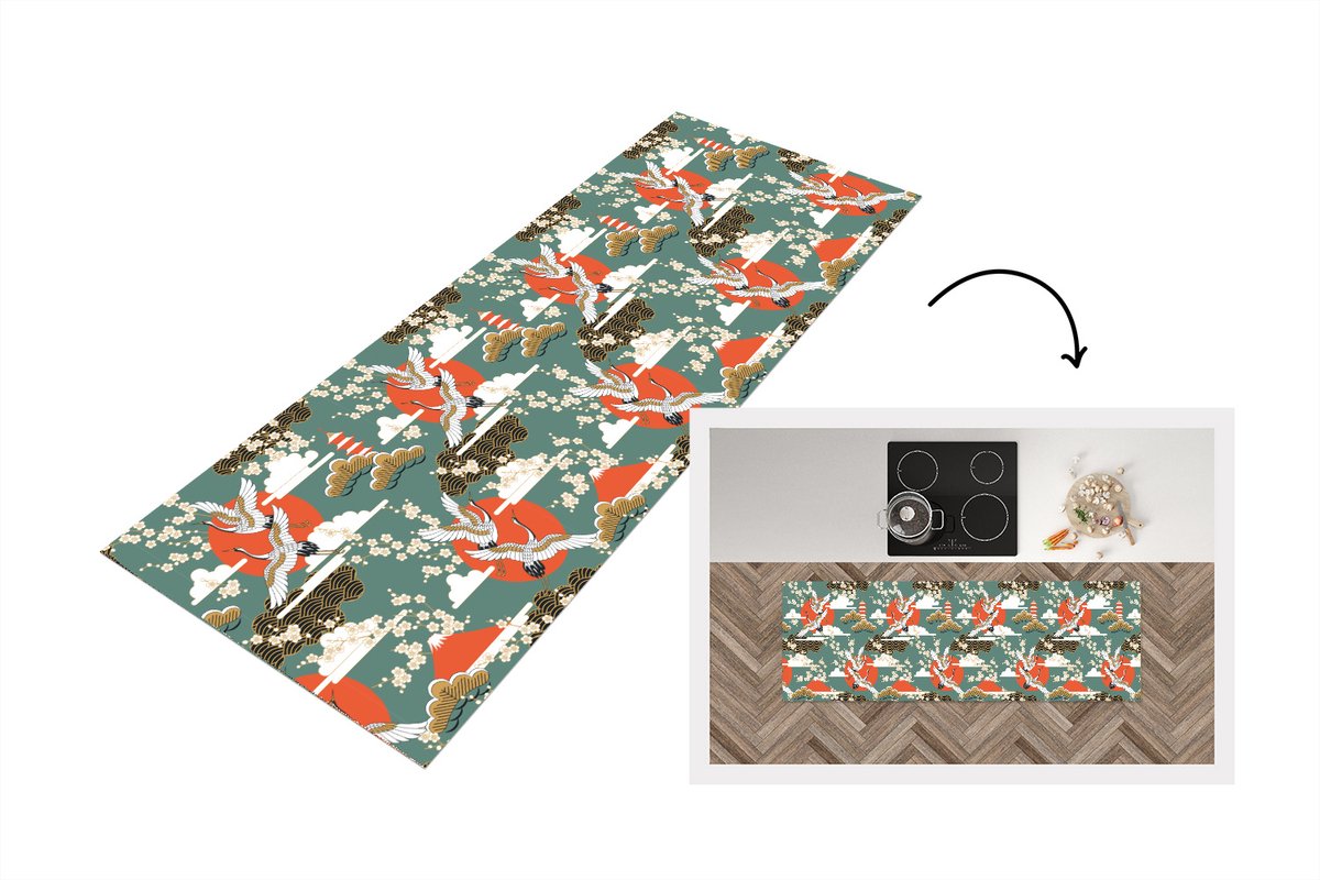 KitchenYeah Keukenloper 150x50 cm - Keukenmat vinyl Kraanvogel - Sakura - Zon - Patronen - Keukenmatten loper - Keuken vloerkleed tapijt Kraanvogel - Sakura - Patronen
