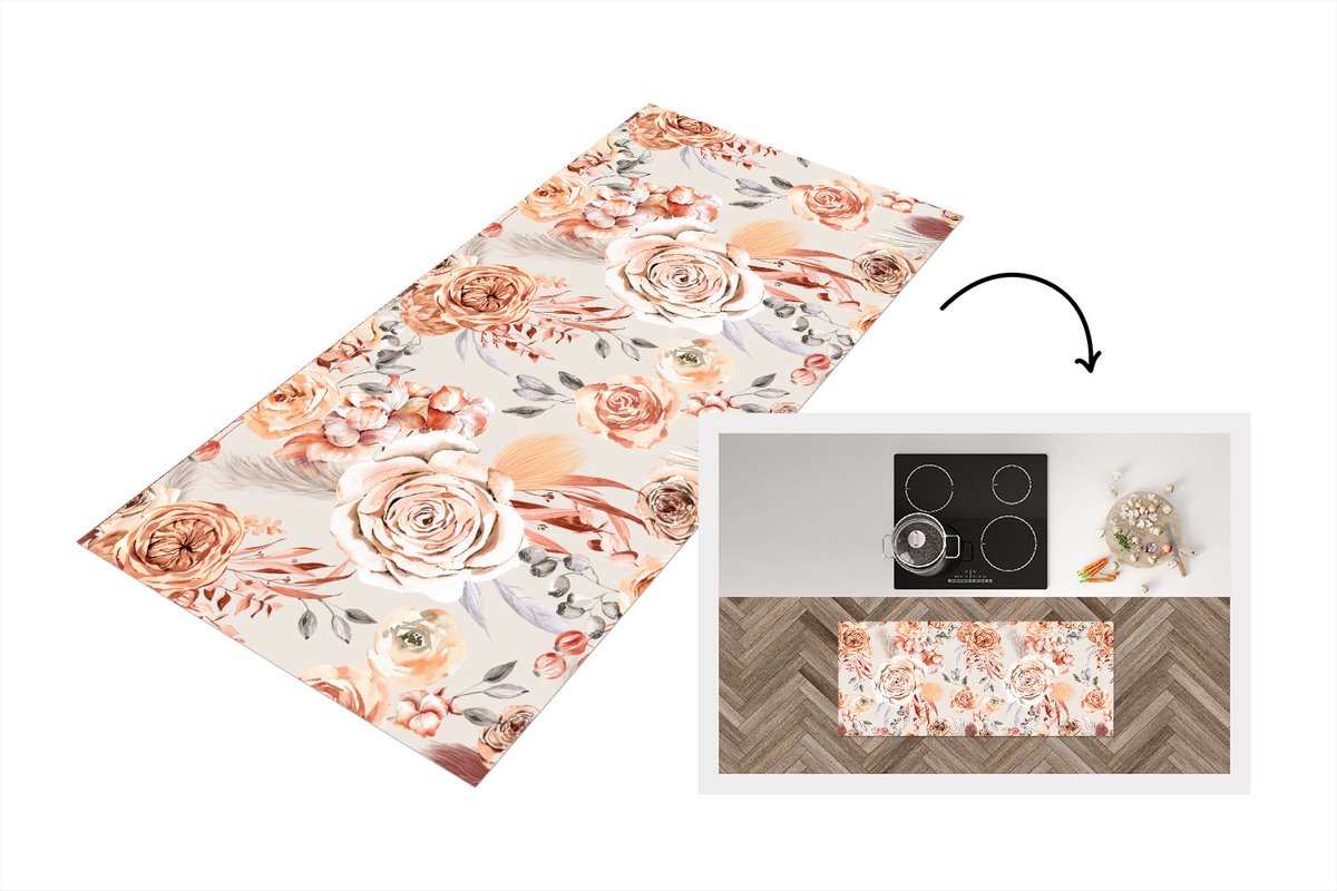 KitchenYeah Keukenloper 120x50 cm - Keukenmat vinyl Rozen - Bloemen - Patroon - Keukenmatten loper - Keuken vloerkleed tapijt