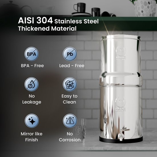 Phoenix Gravity waterfilter van AISI 304 roestvrij staal met de kenmerken BPA-vrij, loodvrij, lekvrij en corrosiebestendig