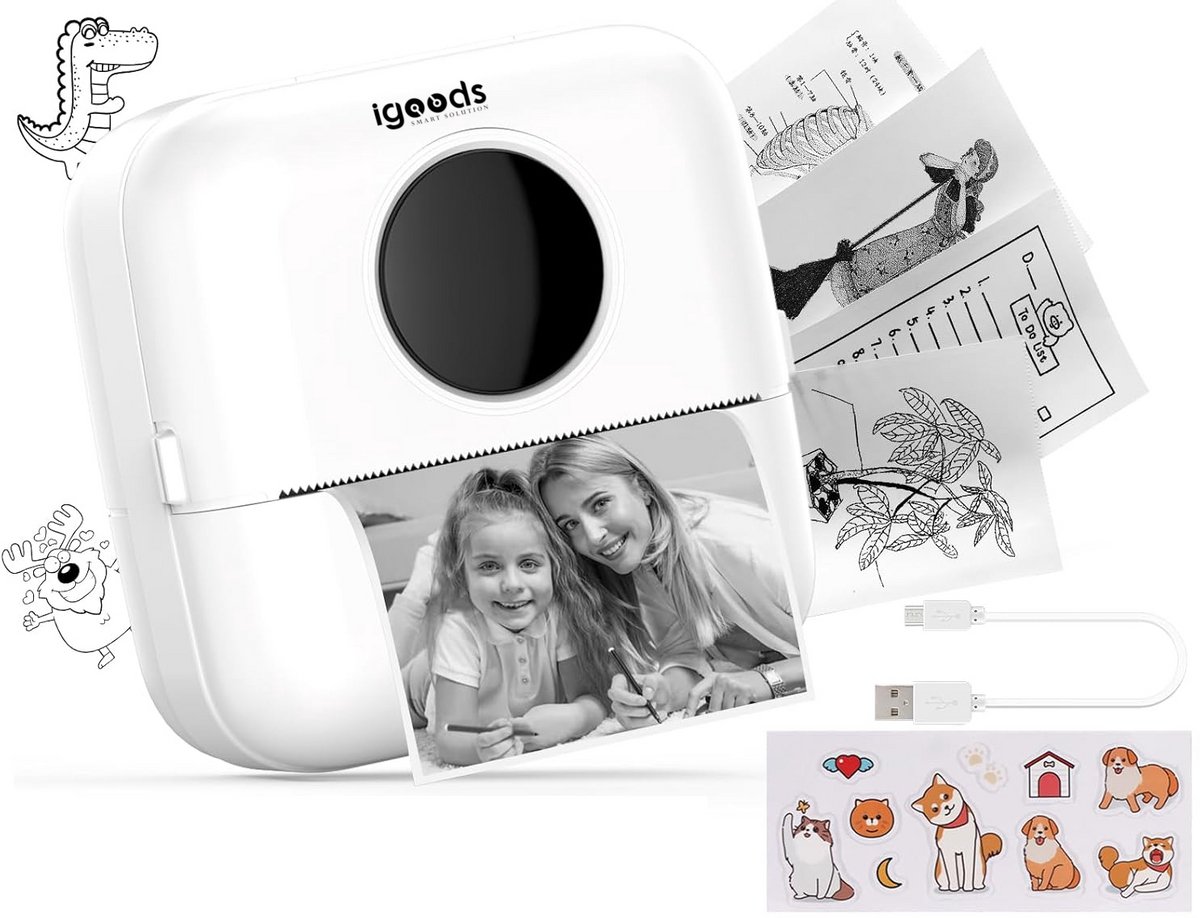 Igoods Mini Printer - Pocket Printer - Draagbare Printer - Bluetooth Printer - Fotoprinter - Draadloos - Oplaadbaar - Wit