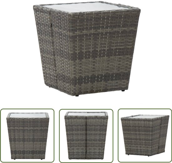 vidaXL Buitentafel - Tuinstoel - Theetafel 41,5x41,5x43 cm poly rattan en gehard glas grijs - Patio Set - Lounge Set - Balkon Meubel