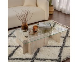 Vente-unique Salontafel van gehard glas - Travertijn-effect, beige en transparant - AZRA