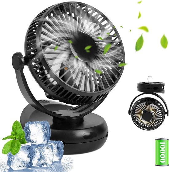 Mini USB Ventilator Oplaadbaar 10.000 mAh – 4 Snelheden, Stil, 360° Draaibaar, Met LED Licht, Camping & Tafelventilator
