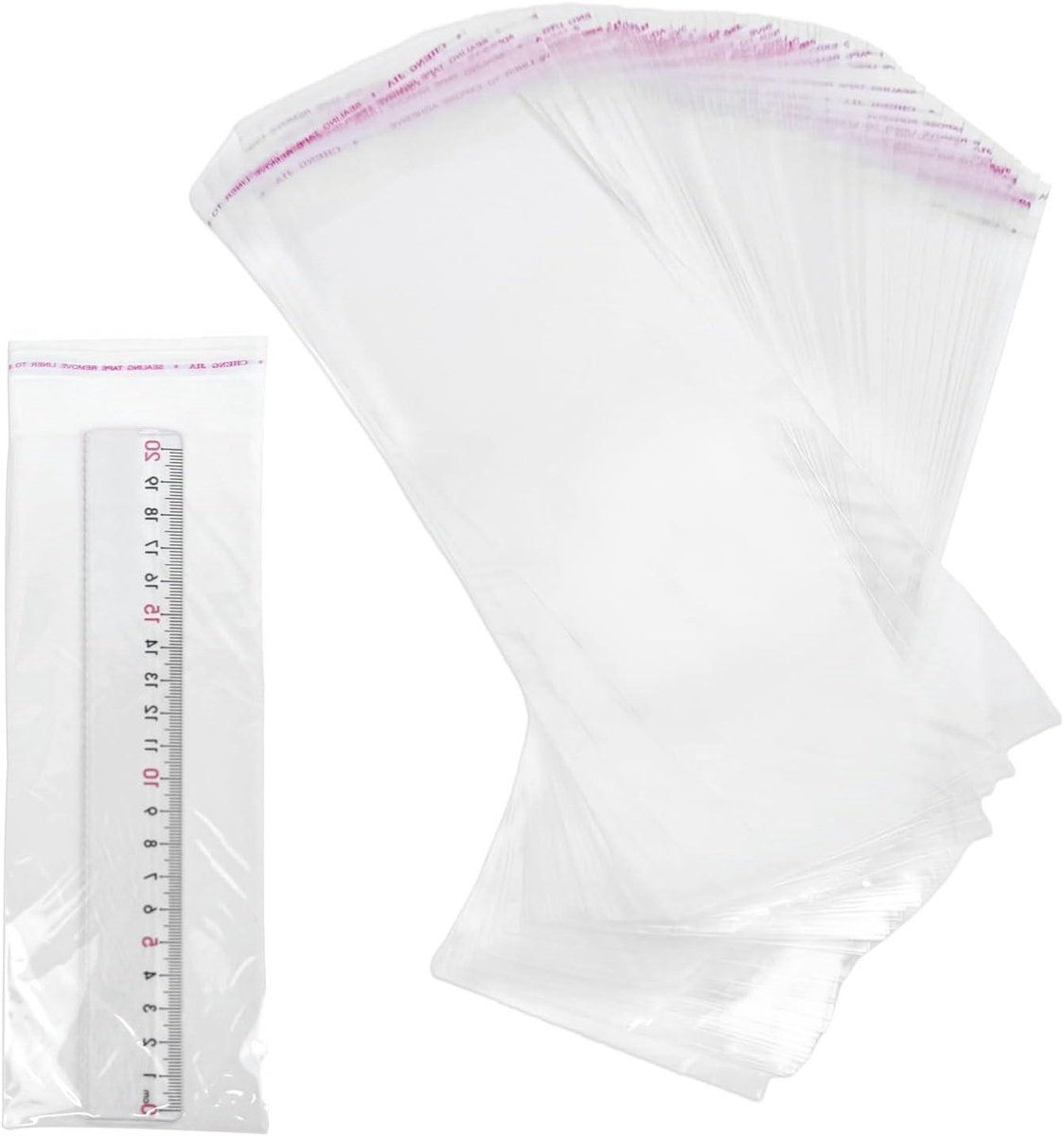 Allecto Plus - Doorzichtige zelfklevende cellofaanzakken 100 stuks 8 x 24 cm - 50 µm - Voor snoep sleutelhanger horloge haarspeld ketting