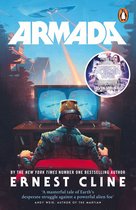 Boekomslag van 'Armada' door Ernest Cline. Een jongen met een VR-headset speelt een space game op een oude tv. Geïllustreerd met een buitenaards ruimteschip en gebouwen.